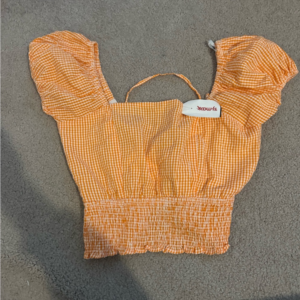 Vibrant Orange Gingham Crop Top with Puff Sleeves